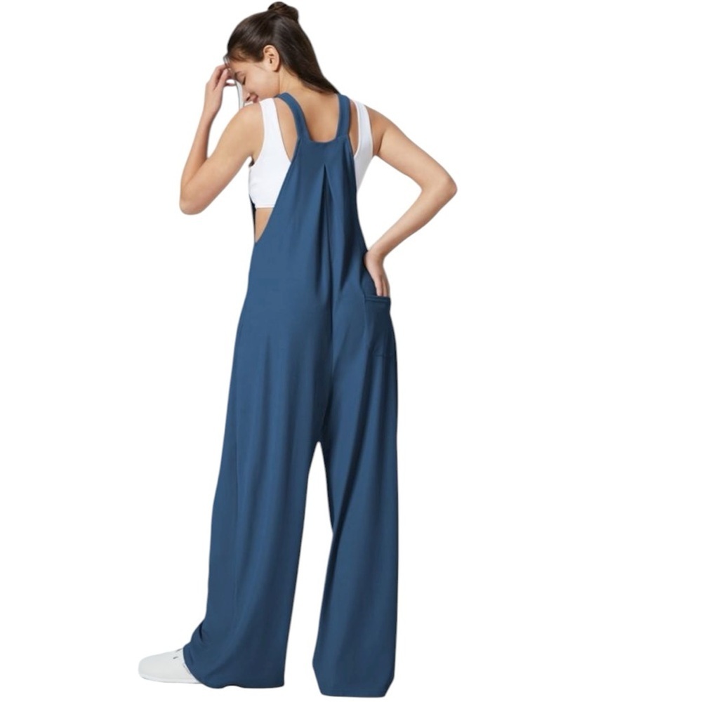 HALARA Waffle Jumpsuit Coveralls Stylish Blue Wide-Legs Multiple Pockets Casual - Picture 13 of 16